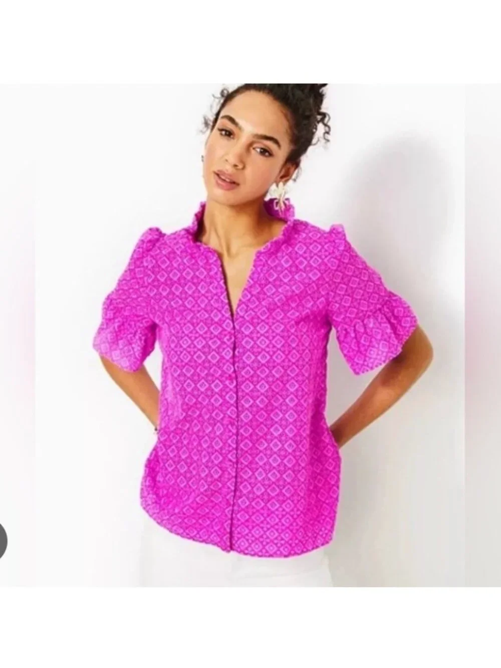 Lilly Pulitzer Calynn Blouse Womens 0 Pink Eyelet Lace Ruffle Button Top